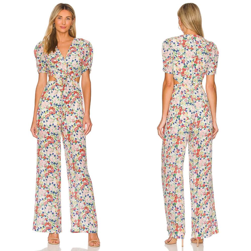 Saloni Lea Cutout Jumpsuit Floral Silk Sz 6 White Pink Red Blue Green Flowy Chic